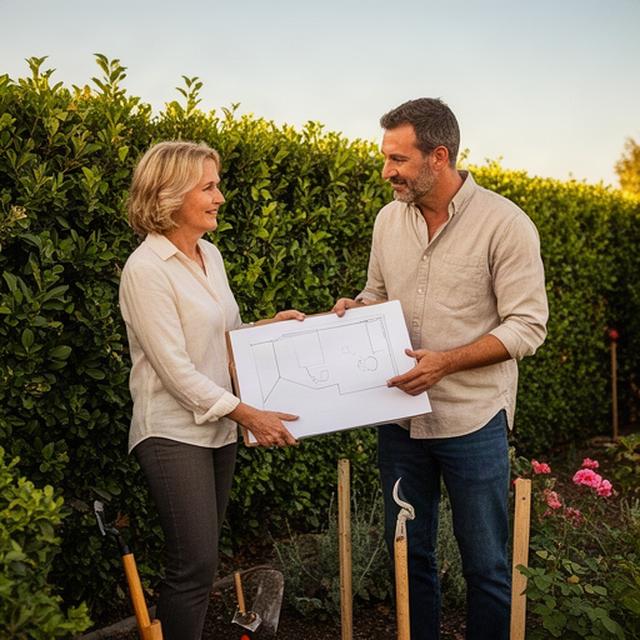 Cliente e giardiniere che osservano insieme una planimetria del giardino accanto a una siepe mediterranea
